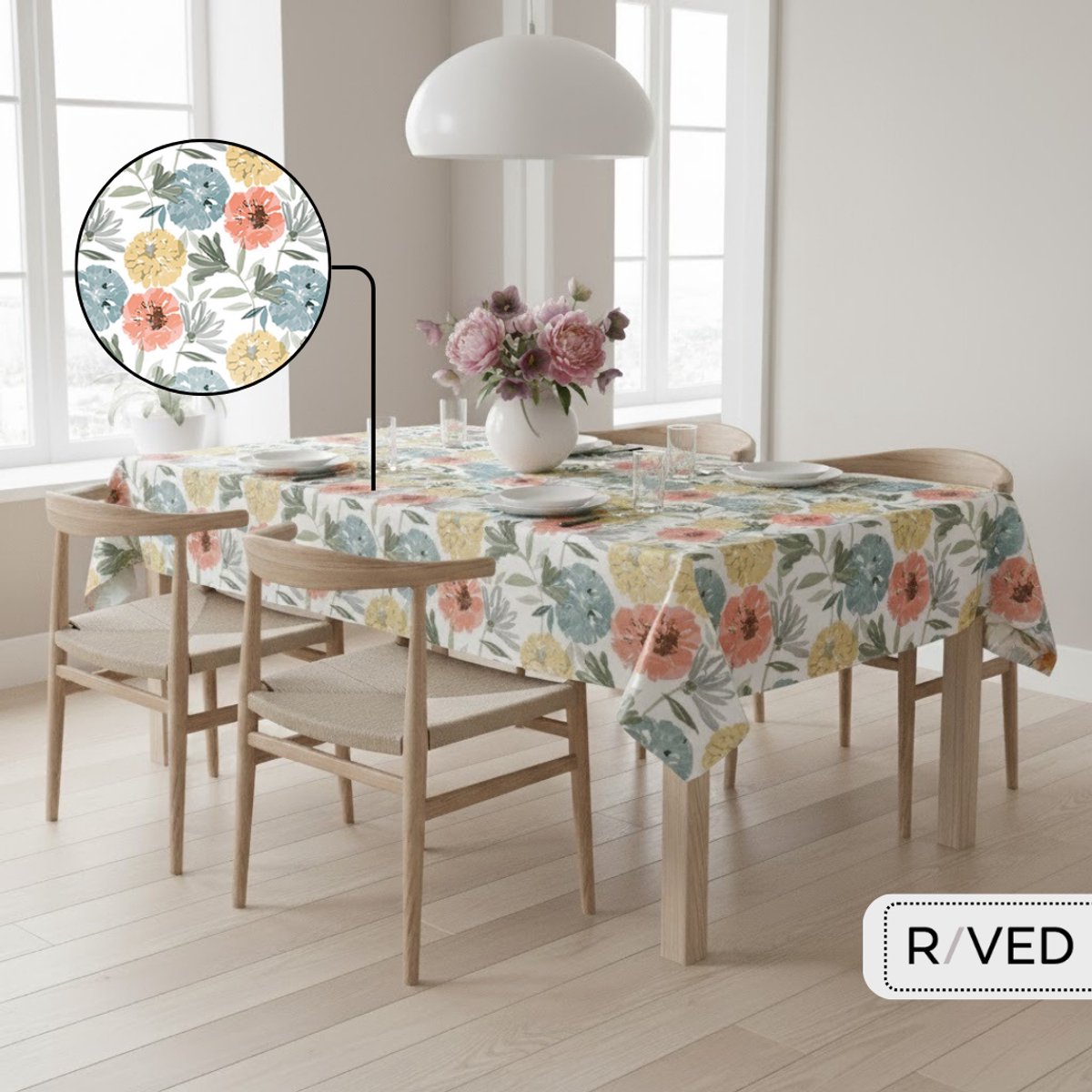 Raved Tafelzeil - 140 cm × 310 cm - Getekende Bloemen – Geel-Rood – PVC – Afwasbaar