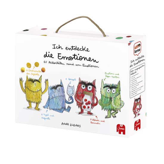 Doos 'Ich entdecke die Emotionen' met gekleurde monsters, uitleg en spelonderdelen.