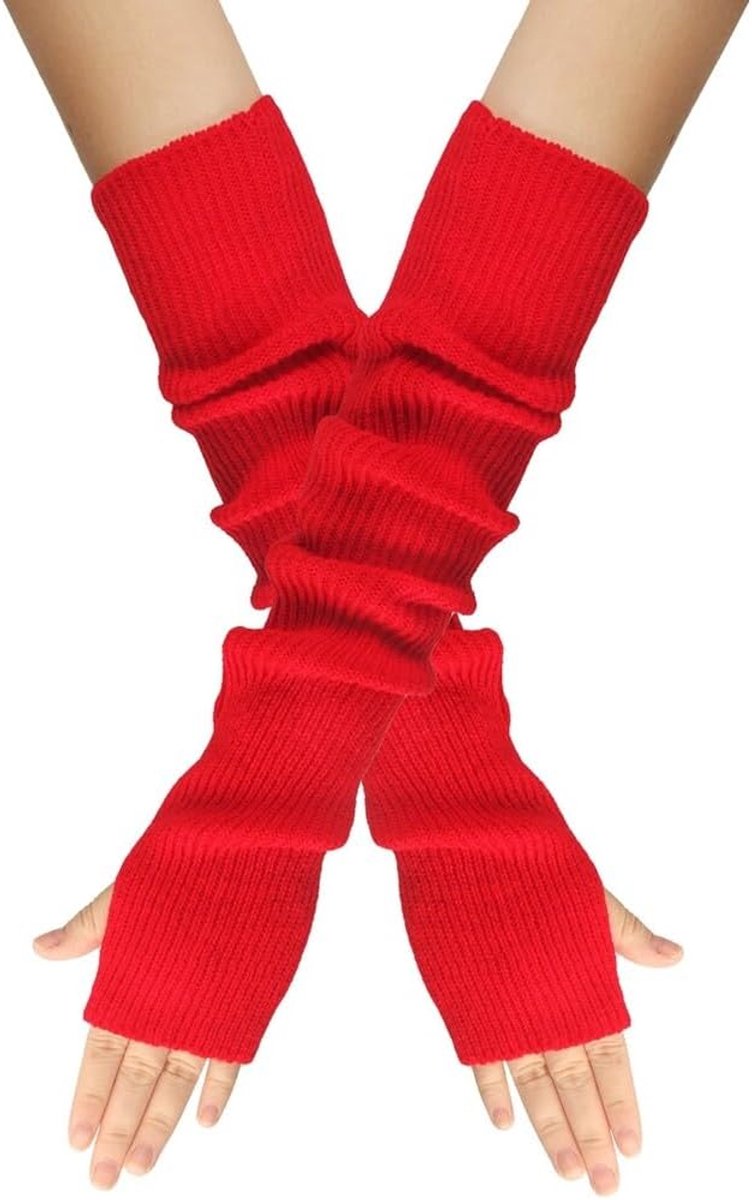 Winter gebreide handschoenen voor dames - 1 paar vingerloze fijn gebreide lange warme handschoenen - Dikke warme handschoenen - Handwarme handschoenen voor dames - Armwarme handschoenen - Rood