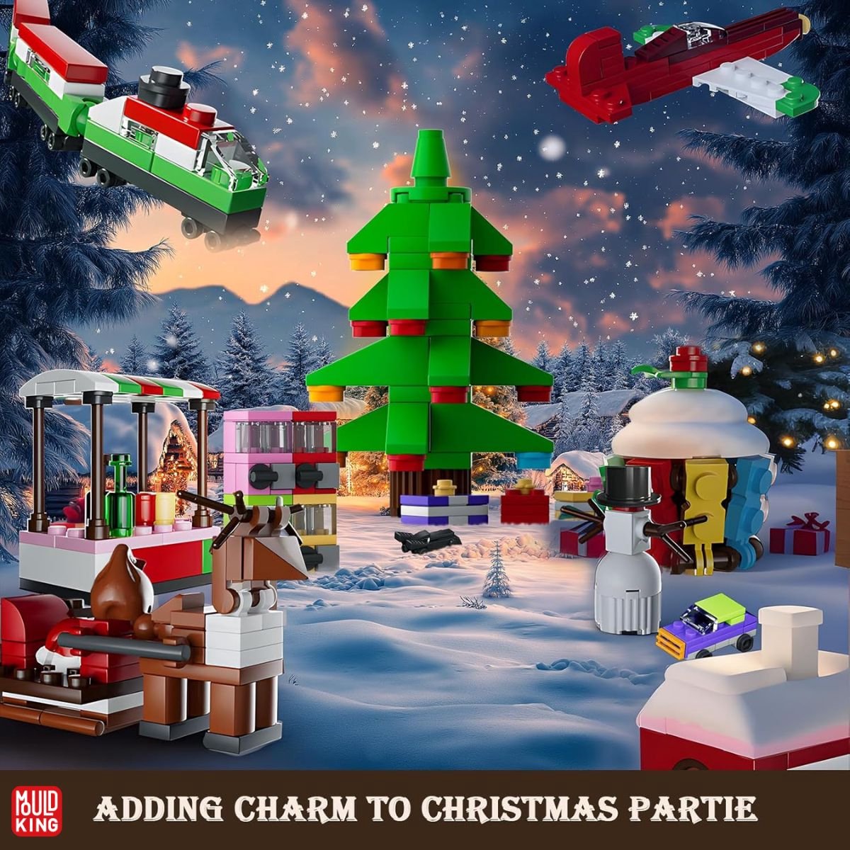 Mould King Kerst adventskalender #1 24-delig 2025 - 2026 aftelkalender bouwset | Incl. mini kerstboom / trein | Creator classic bouwpakket compatibel met lego | Educatief speelgoed voor volwassenen & kinderen | Bouwdoos met 694 bouwstenen — afbeelding 9