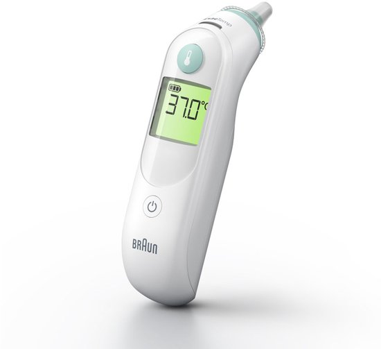 Witte oorthermometer van Braun met groen scherm waarop 37.0°C staat.