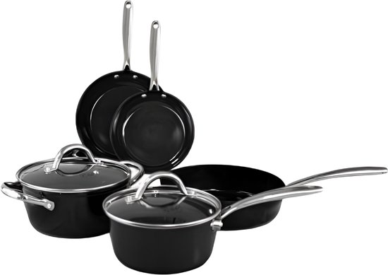 Cook & Pan - Batterie de cuisine Signature 5 pièces - Casseroles et poêles induction - Revêtement antiadhésif en céramique sans PFAS - Garantie 7 ans - Zwart