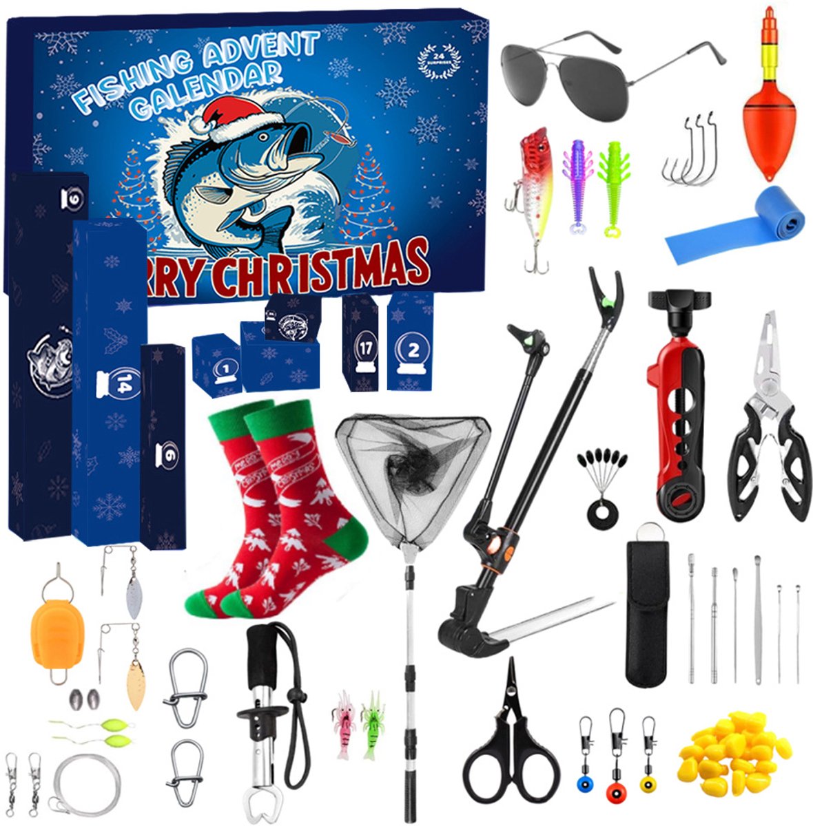 24-daagse kerst aftelkalender met visgerei voor vakantie visser.