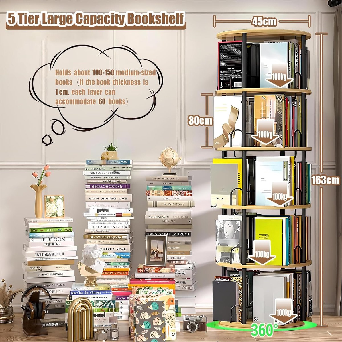Image of 360° Draaibare Boekenkast met 5 Niveaus – Houten Rotating Bookshelf, Staande Opbergkast en Display Rek voor Kinderkamer, Woonkamer en Slaapkamer – Hoekboekenkast en Multifunctioneel Organizer Rack –