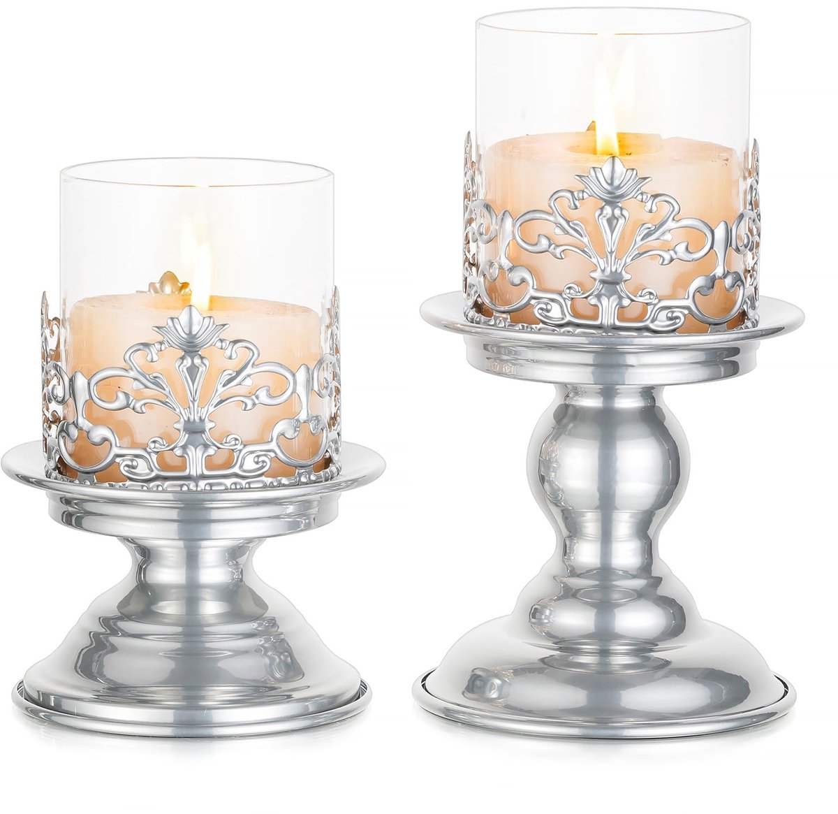 Unyqoos Elegante zilveren kandelaars met glazen windlicht voor sfeervolle decoratie