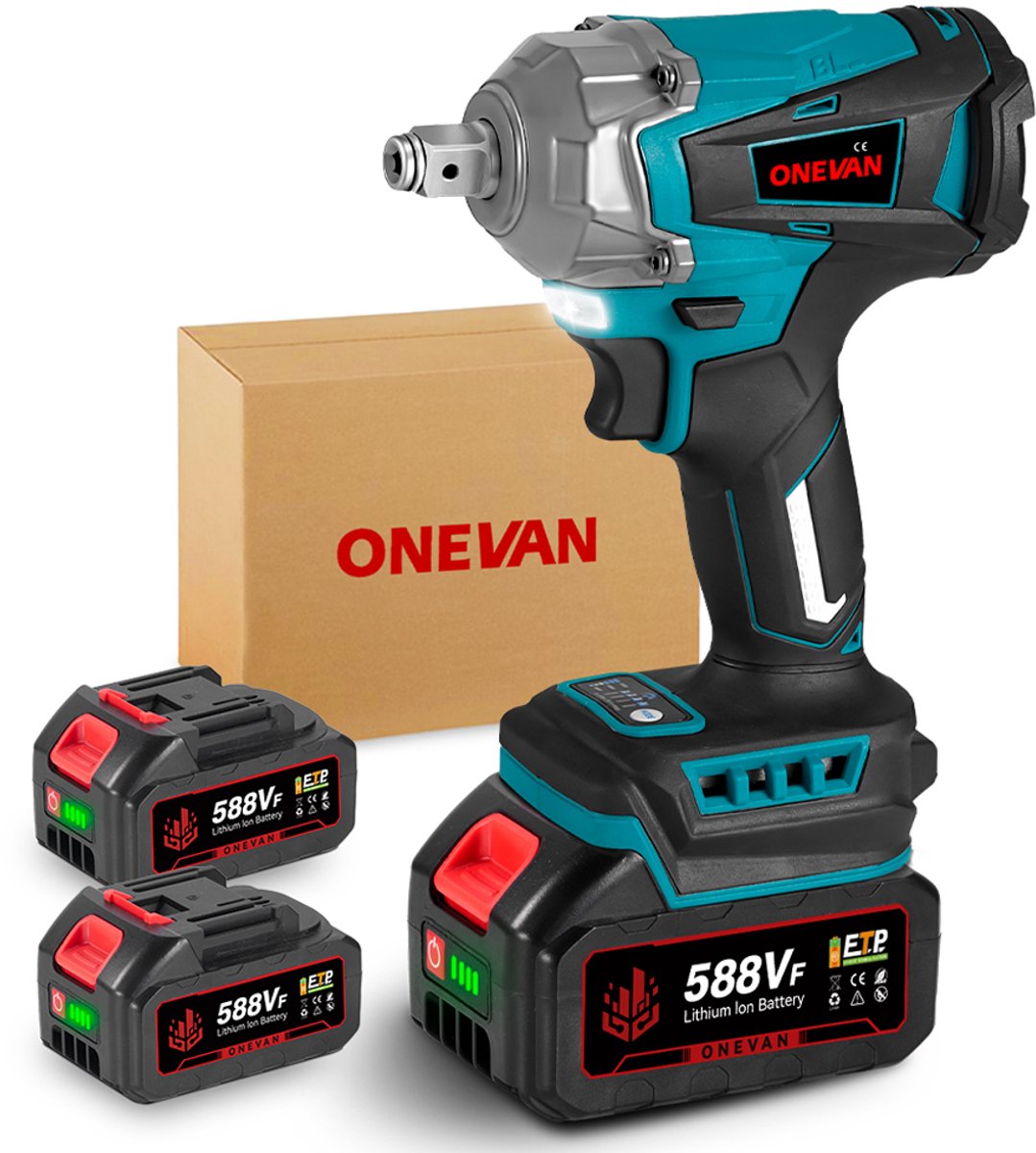 ONEVAN Accu Slagmoersleutel - 1200 Nm Elektrische Slagmoersleutels - Borstelloze Boormachines - 1/2 inch Slagschroevendraaier - met 2x Batterijen - Led-Lampje