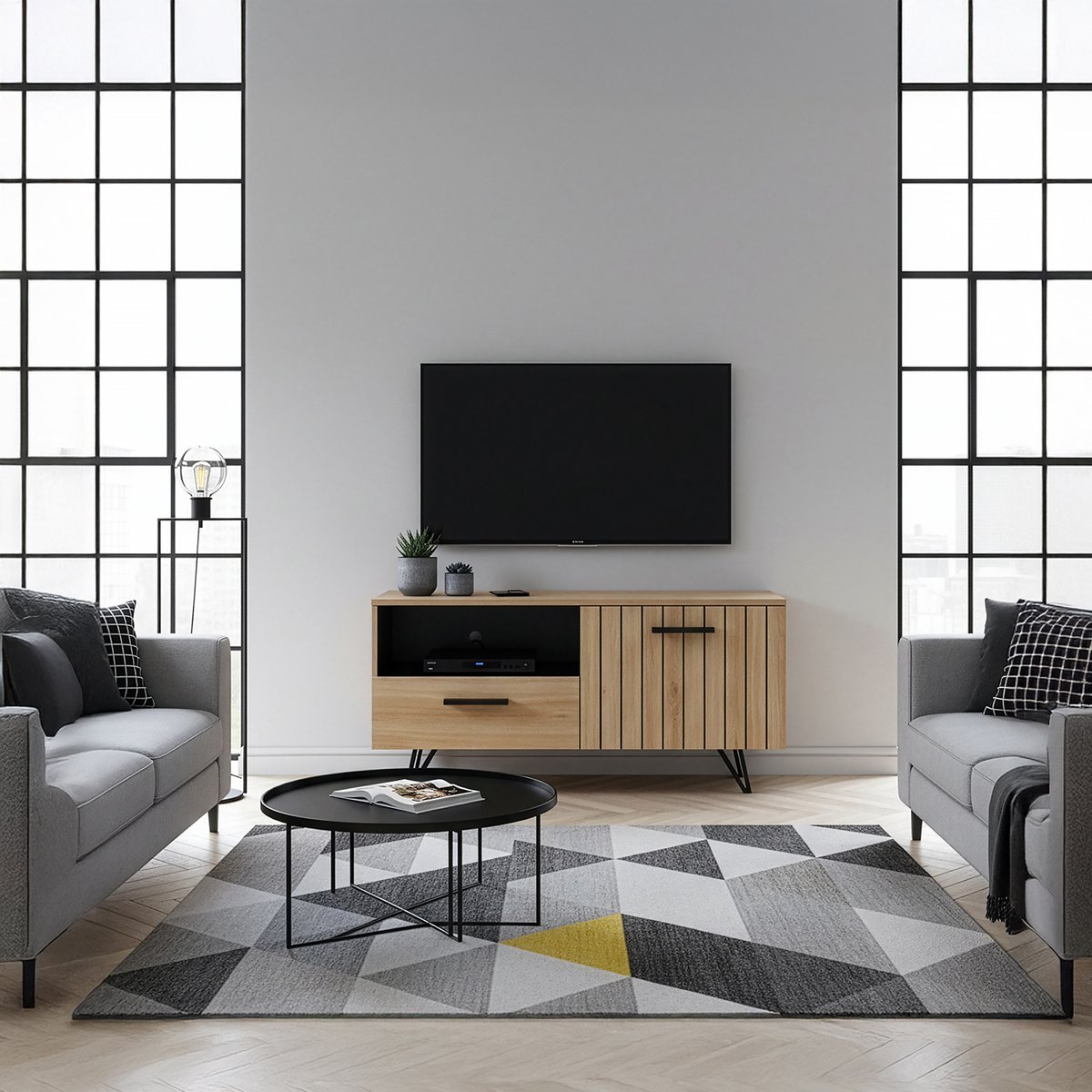 Tv-meubel Noppen 100x38x49 cm eikenkleurig en zwart [en.casa]