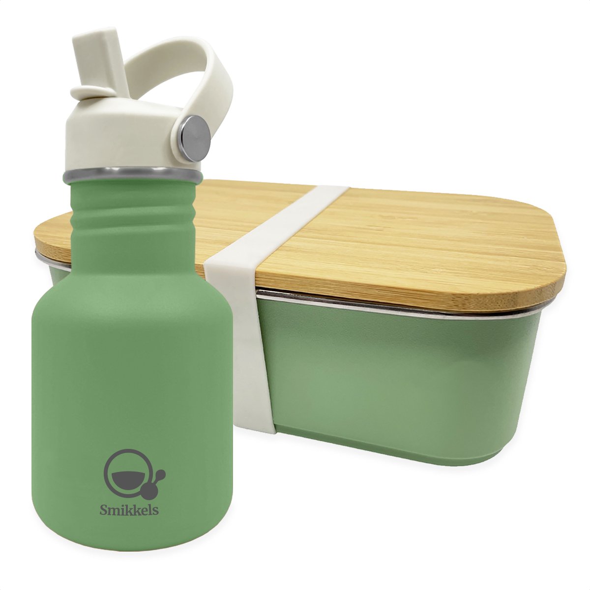 Smikkels - RVS lunchbox met drinkfles kind - Groen - Met vernieuwde rietjesdop - Lunchset Broodtrommel en Schoolbeker - Basisschool