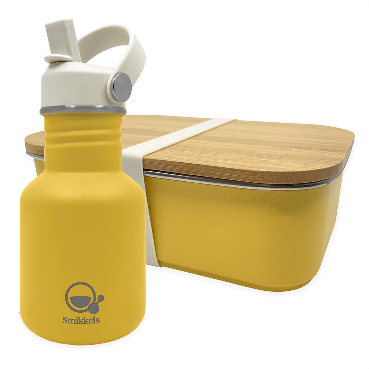 Smikkels - RVS lunchbox met drinkfles kind - Geel - Met vernieuwde rietjesdop - Lunchset Broodtrommel en Schoolbeker - Basisschool