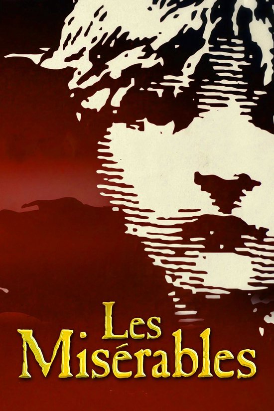 Les Misérables in geel op een rode en witte achtergrond.