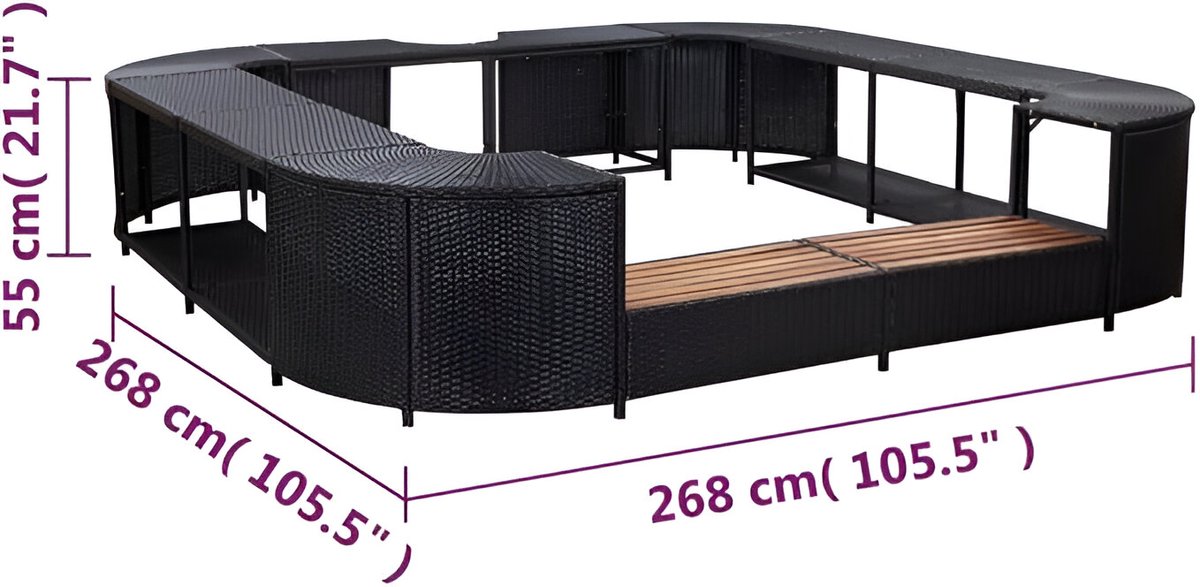Spa- en Zwembad Omranding – Novihome Premium Square Polyrotan Whirlpool Rand met 2 Luxe Spa-Treden – Zwart – 268 x 268 x 55 cm – Weerbestendige Jacuzzi Omkasting met Onderhoudsvrij Rotan