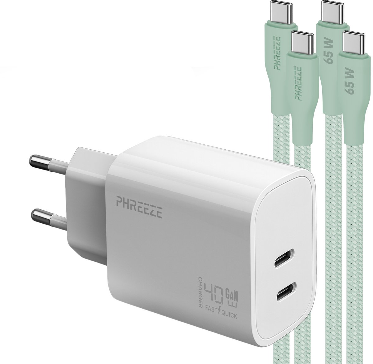 Phreeze usb C snellader 40 W - Power adapter met 2 usb C naar usb C kabels 1m groen - Voor laptop en powerbank