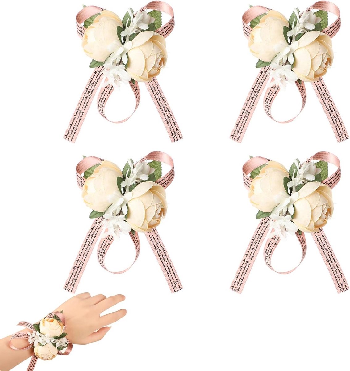 EGoods - Kunstmatige Pols Corsage Armband Bloem voor Bruiloft Accessoires, Feestjurk Decoratie en Jubileumviering met 4 Stuks