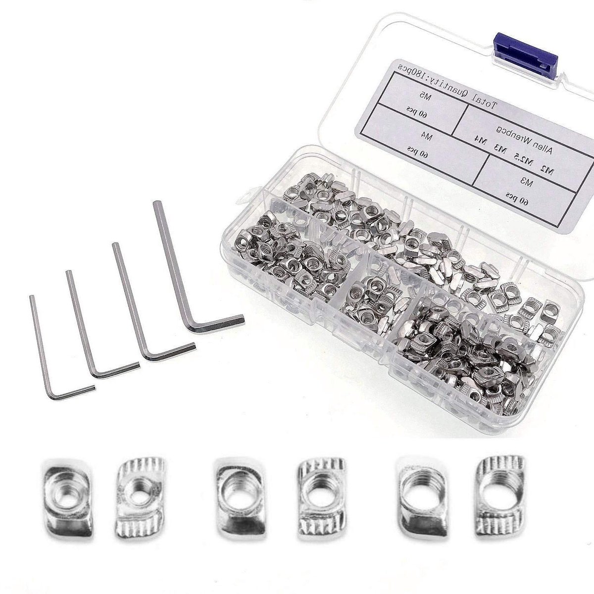 EGoods - 180 stuks T-Slot moeren set voor 3D-printer - M3 M4 M5 - Koolstofstaal - 2020 extrusie - Hamerhoofd bevestigingsmoer kit.
