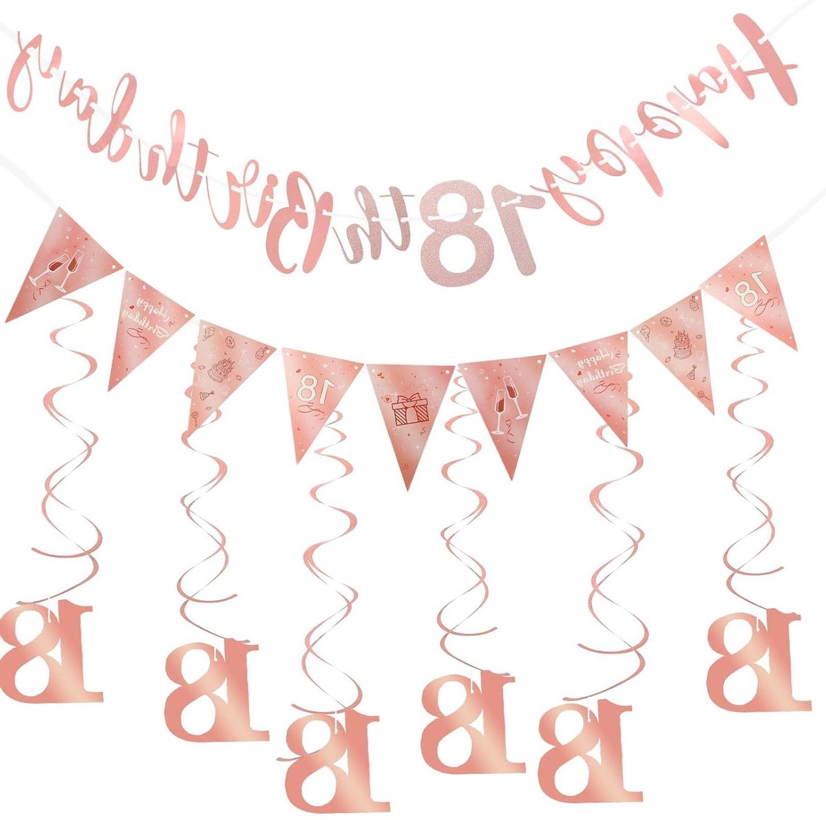 EGoods - Roségoud Verjaardagsdecoratie - Banner, Bunting Swirls, Wervelset - Vrouwelijke Luchtslangen - Driehoekige Vlag voor 18, 30, 40, 50 Jarige - Feestdecoratie met Swirls