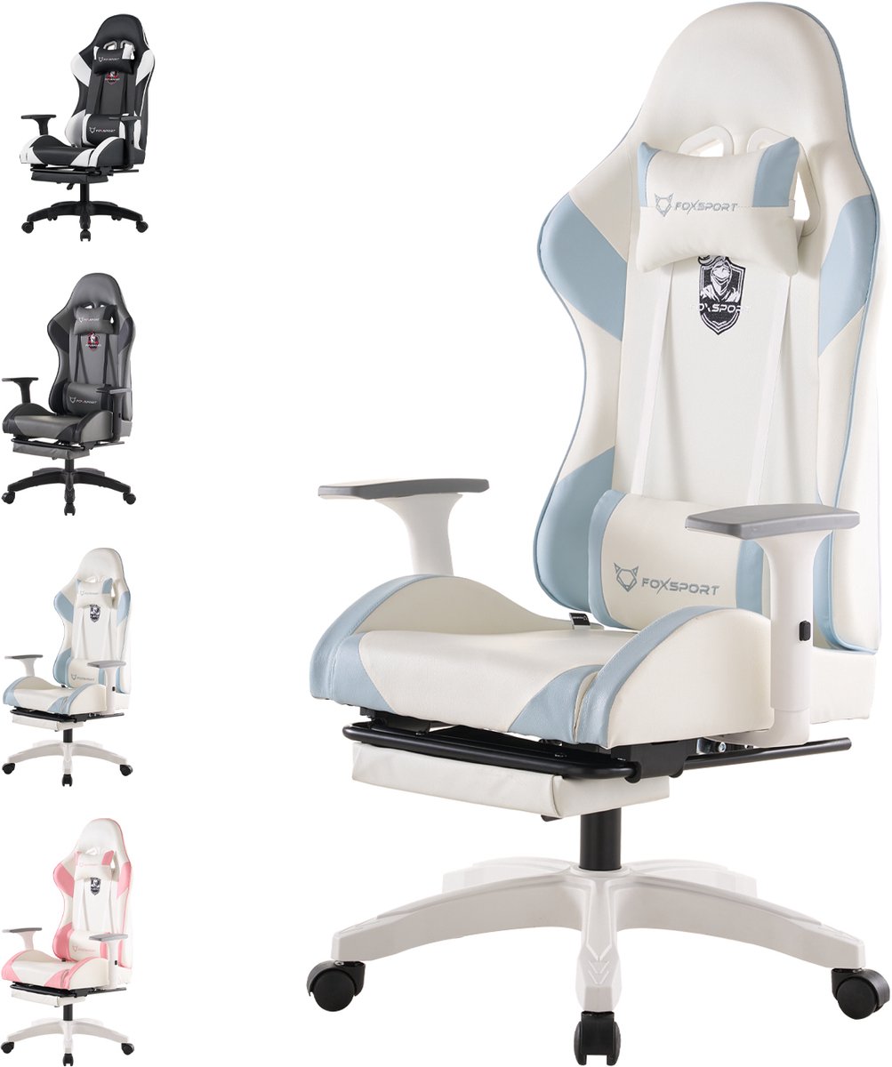 FOXSPORT Gaming stoel - Gamestoel mit 90°-155° Rugleuning - Verstelbare Rug- en Armleuningen - Met lendensteun en hoofdsteun - Ergonomisch - Max Gewicht 150 kg - Wit/Blauw
