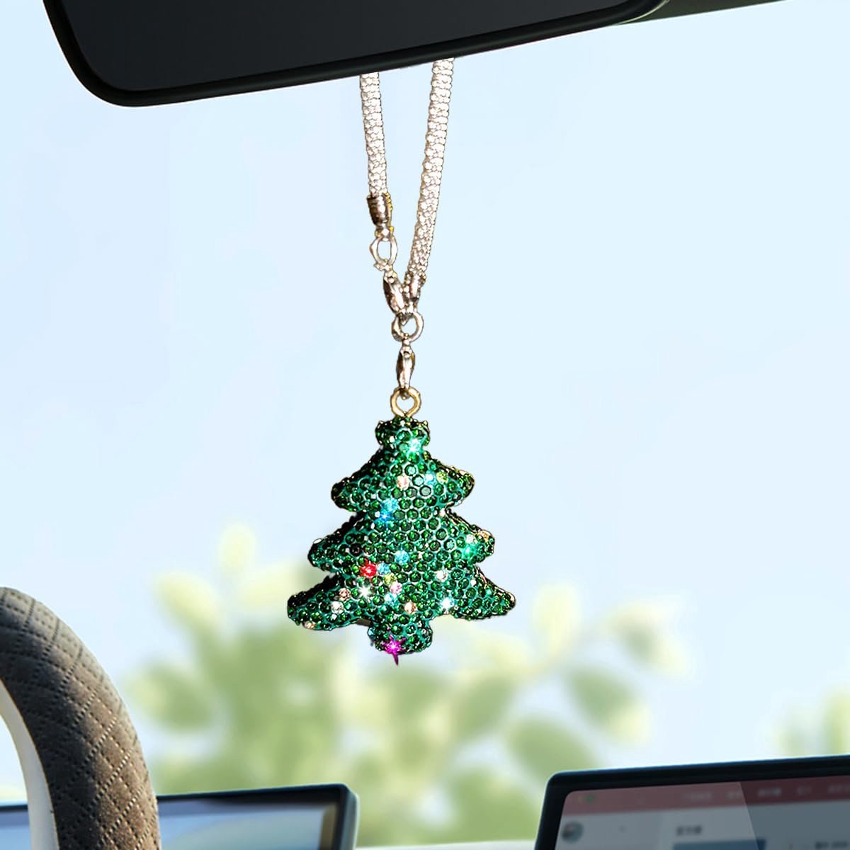 Mmgoqqt Glanzende Kerst Auto Versiering - Auto Spiegellijst Hanger - Diamant Hanger - Auto Interieur Decoratie-Kristal Strass Kerstboom
