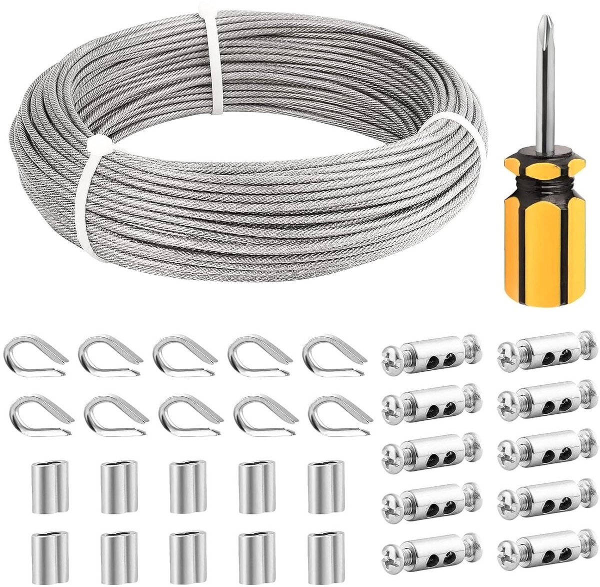 EGoods - Roestvrijstalen kabelset 50 meter | PVC-omhulde 3 mm staalkabel | Krimphulzen en kousen | Spandraad voor hek | Kabelklem