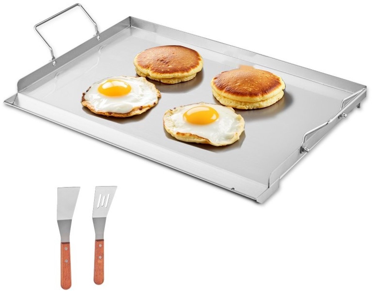 Grillplaat - Teppanyaki Plaat - 58,5 x 36,5 cm - RVS - Rechthoekig - Vlakke Bovenkant - Voor Gasbarbecue en BBQ - Draagbaar Met Handgrepen