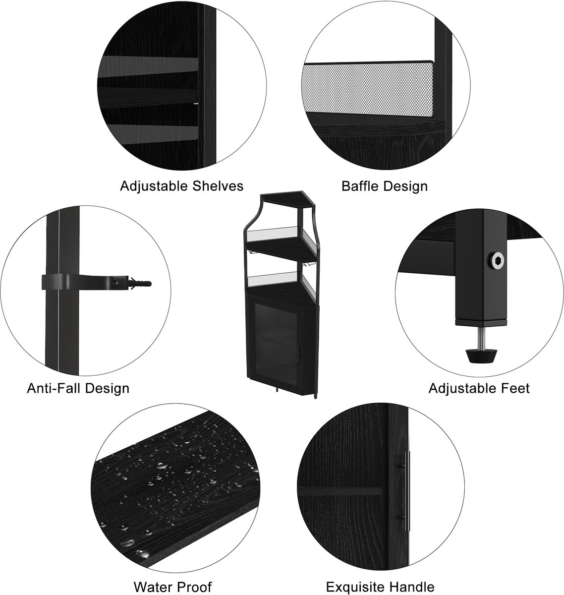 Brisakys - Hoekbarkast - Wijnkast - Industrieel - Metaal - Gaasdeuren - Verstelbare Plank - Anti-Kantelset - 45x45x150cm - Zwart – foto 6