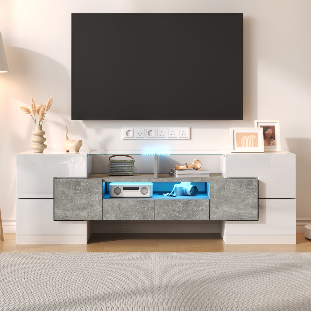 STILVORA TV meubel - Vitrine TV-Kast Met Glazen Front En LED-Verlichting - 145 x 30 x 51 cm - Spaanplaat + MDF + Glas - Wit