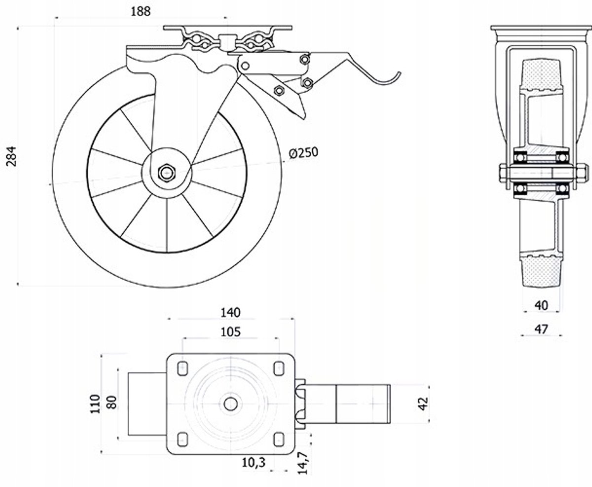 Zwenkbaar Aluminium Rubber Wiel met Rem - Ø 250 mm, 250 kg