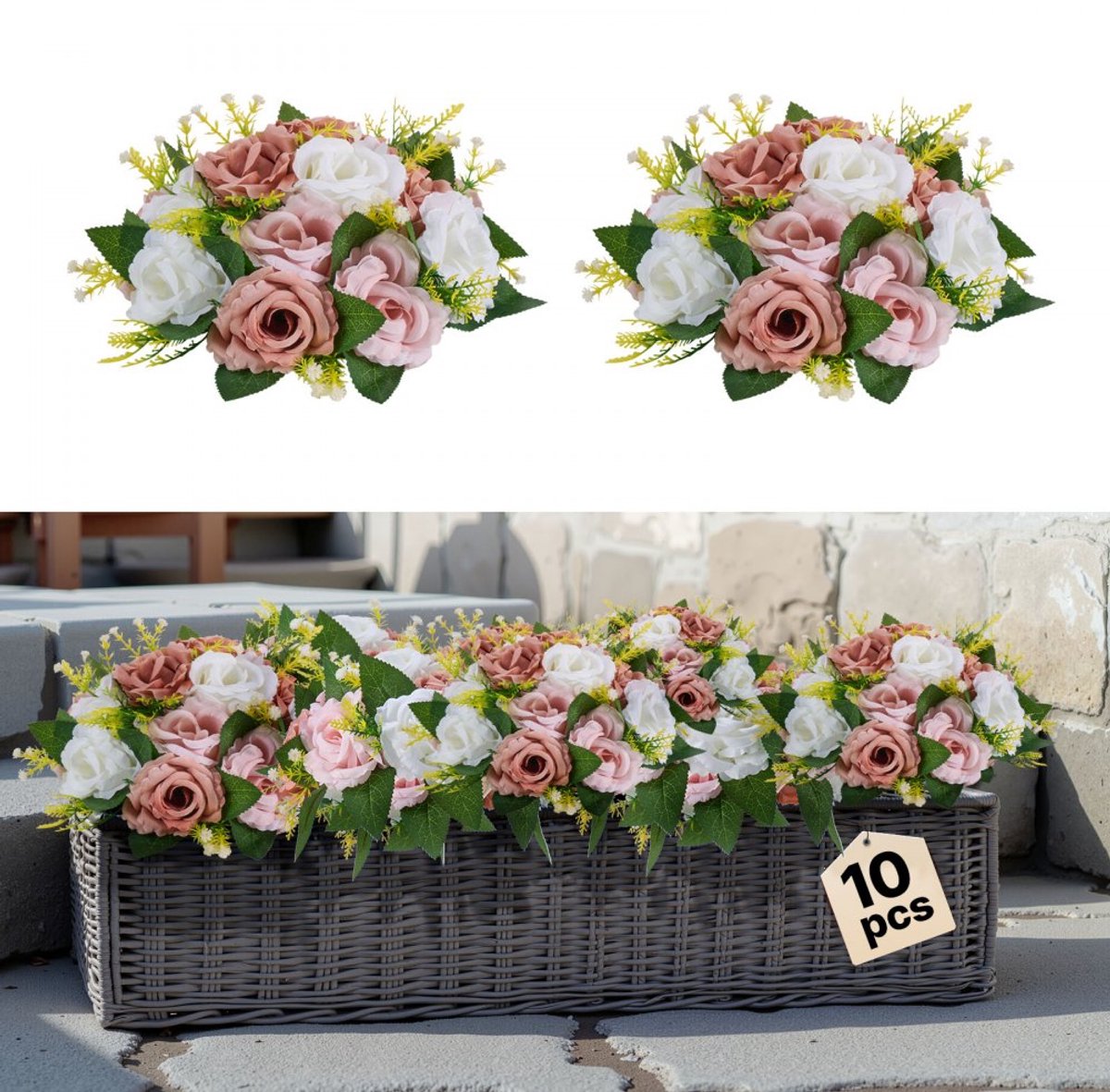 Kunstrozen - Bloemenballen - Set van 10 - Afmeting 24 x 24 x 12 cm - Tafeldecoratie - Bruiloft & Feesten - Roze en Wit