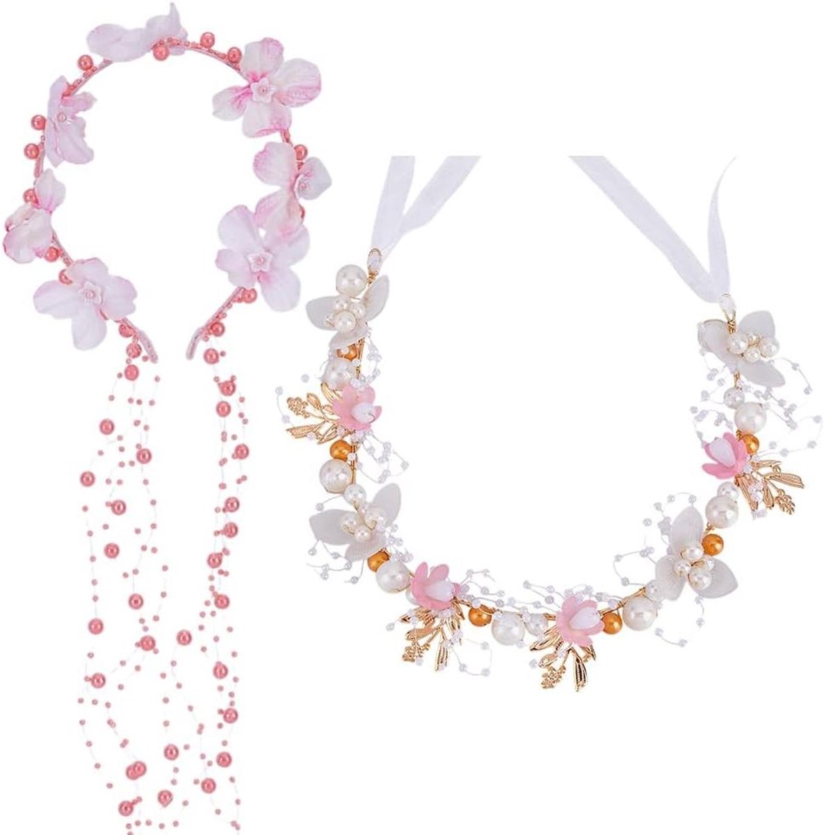 EGoods - Set van 2 bruiloft bloem hoofddeksels in roze met parels en lint voor bruidsfotografie - Boho bruids douche accessoires.
