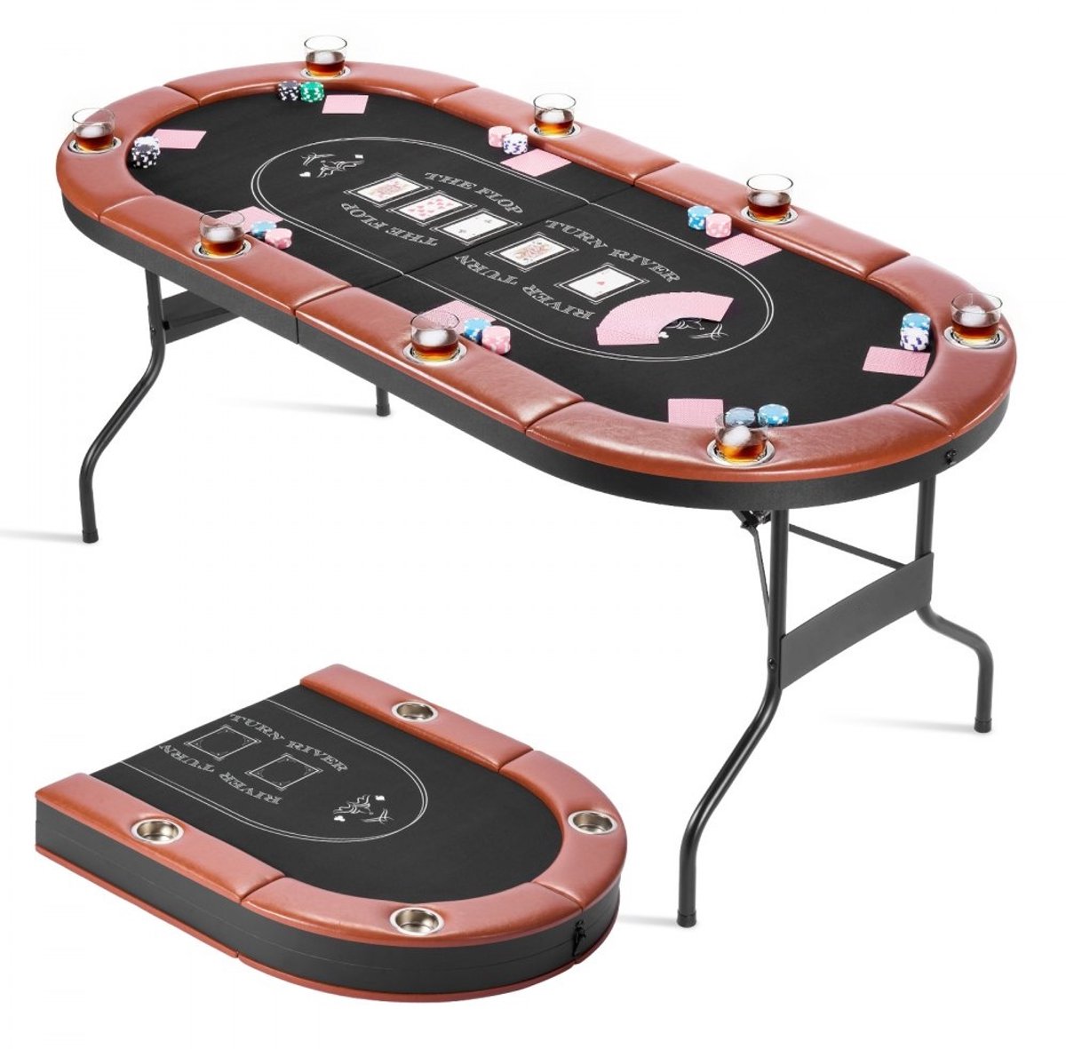 Pokertafel - Opvouwbaar Ovaal Voor 8 Spelers - 183 cm - Gewatteerde Armleuning - Bekerhouders - Vilt Speelvlak - Metalen Poten - Texas Hold'em Poker