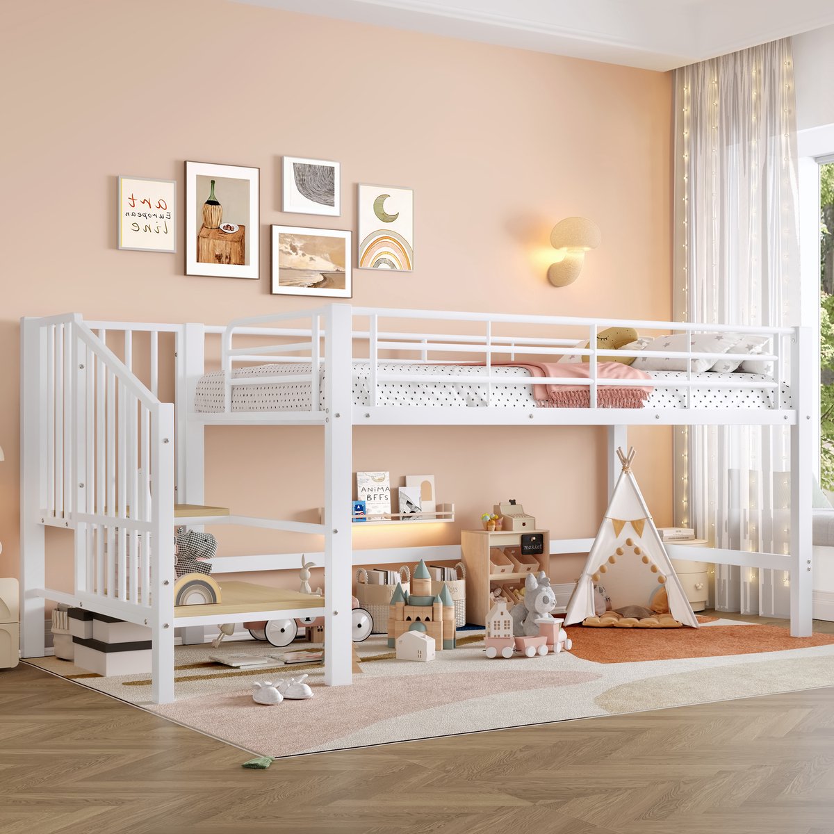 Sweiko Halfhoogslaper - 90 x 200 cm - Metalen bed - Kinderbed - Opbergtrap - Wit