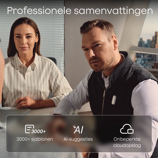 Twee mensen in een kantoor, met beelden van 3000+ sjablonen, AI-suggesties en onbeperkte cloudopslag.