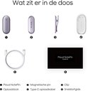 De inhoud van de doos: PLAUD NotePin, magnetische pin, clip, oplaaddock en USB-C kabel.