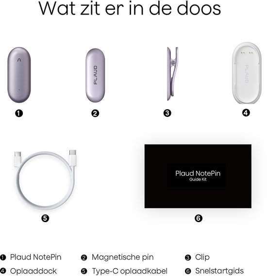 De inhoud van de doos: PLAUD NotePin, magnetische pin, clip, oplaaddock en USB-C kabel.