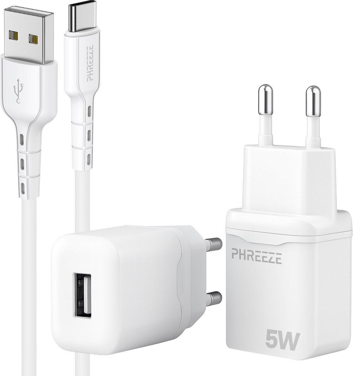 Phreeze usb oplader 5 W - Usb naar usb C kabel 1m - Voor opladen smartphone tablet ereader accessoires 5v 1a adapter
