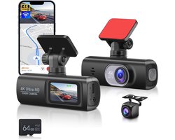 Dashcam voor en achter auto, dual front en binnenruimte autocamera 64G-kaart, FHD 1080p 3,16 inch IPS-scherm, dashcam G-sensor, parkeermonitor loop-opname, nachtzicht