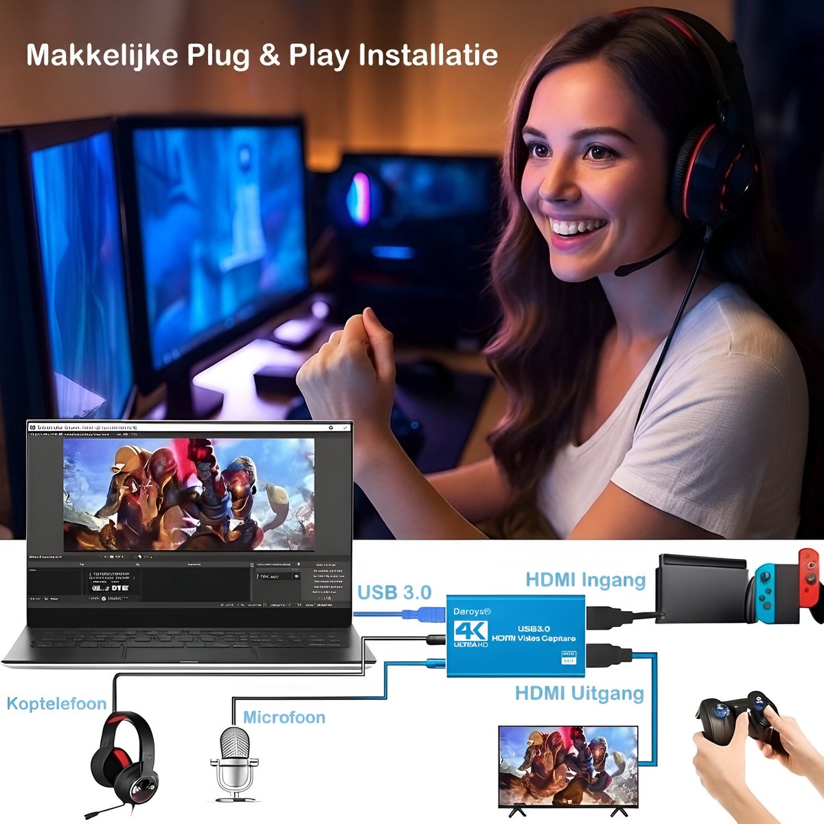 Daroyx® VCC4K Pro Video Capture Card - USB-A 3.0 - HDMI 4K@60Hz - Geschikt als Game Capture - Blauw thumbnail 3