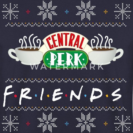 Donkerblauwe trui met "Central Perk" en "Friends" logo, met winterse patronen.