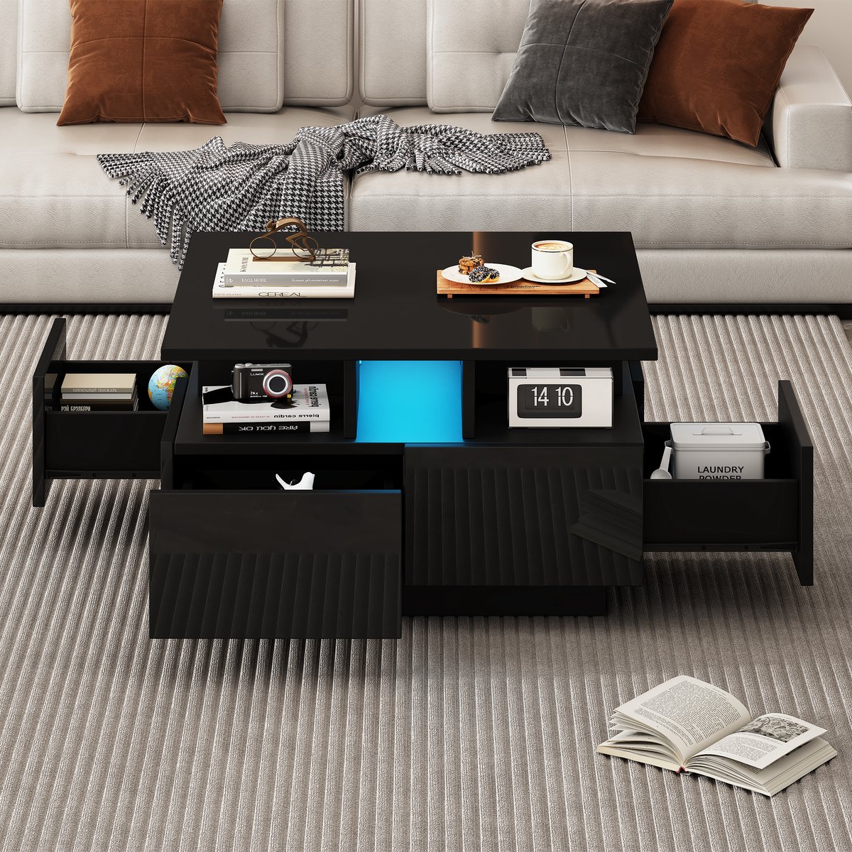 MODFU Hoogglans zwarte salontafel 70x70x40 cm met LED-verlichting, 4 lades en geometrisch design — draagvermogen 30 kg