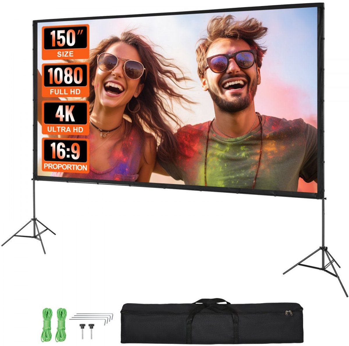 Projectiescherm met Standaard - Draagbaar Opvouwbaar Filmscherm 16:9 - Diagonaal 381 cm - UHD 4K Compatibel - Snel Opzetten - Voor Binnen & Buiten - Zwart