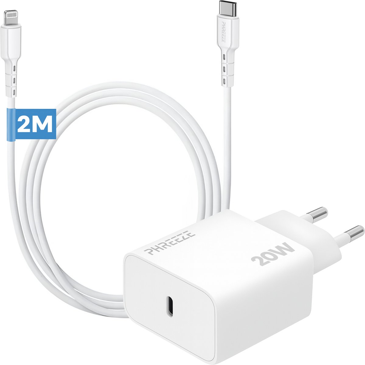 Snellader met usb C poort met geschikt voor Lightning naar usb C kabel - 20w oplader geschikt voor iPhone en iPad met oplaadkabel 2 meter wit