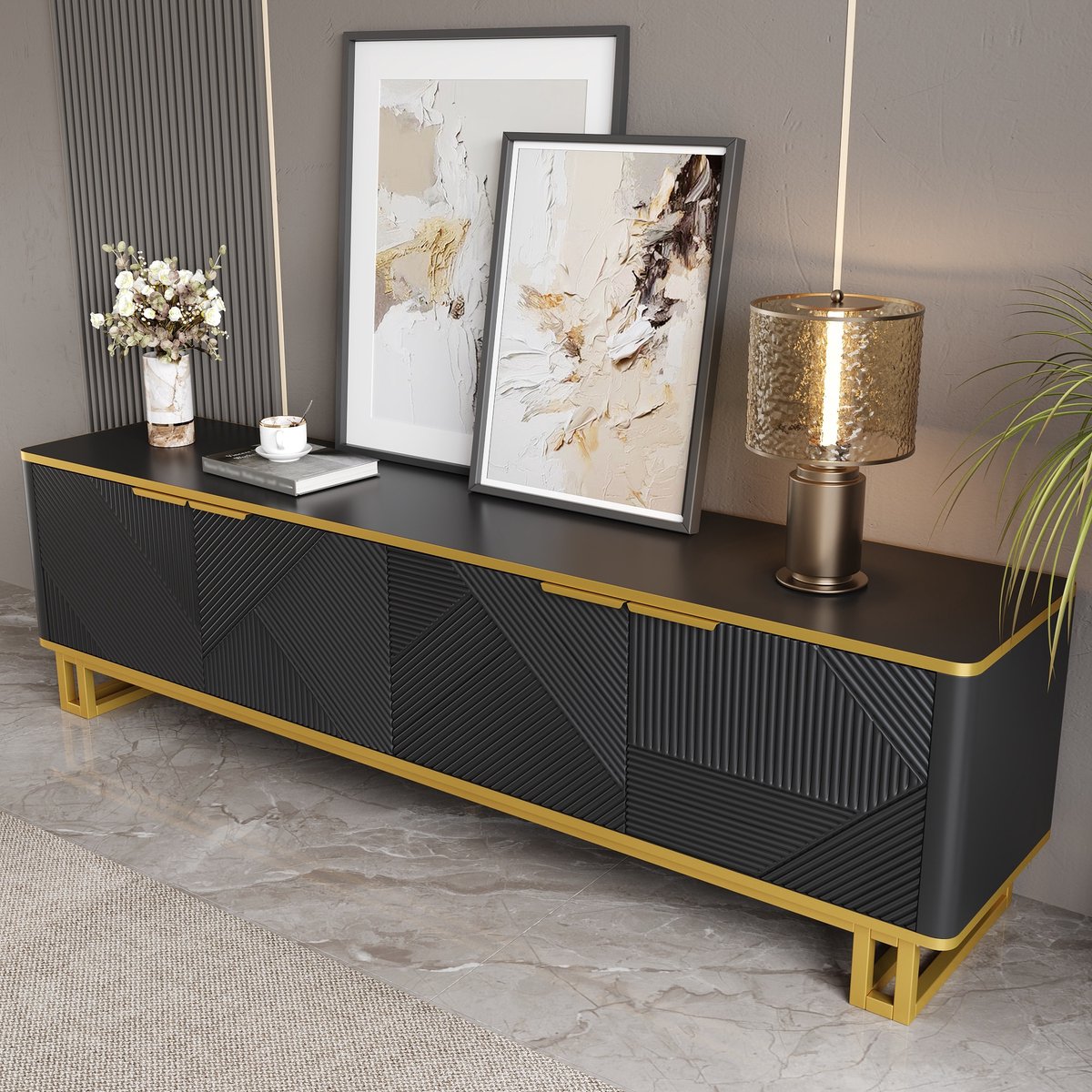 REDOM TV-meubel - MDF - met deuren - 160 L x37,5 B x 48 H(cm) Black Zwart