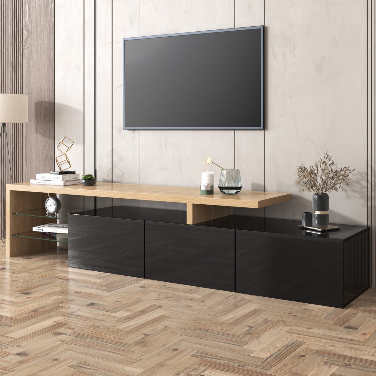 REDOM TV-meubel - MDF - hoogglans afwerking - 197.5 L x 39 B x 42H(cm) + Natural+Black Natuurlijk+Zwart