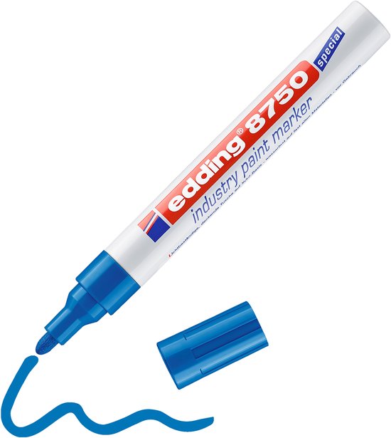 Edding 8750 industry paint marker schrijft een blauwe lijn.