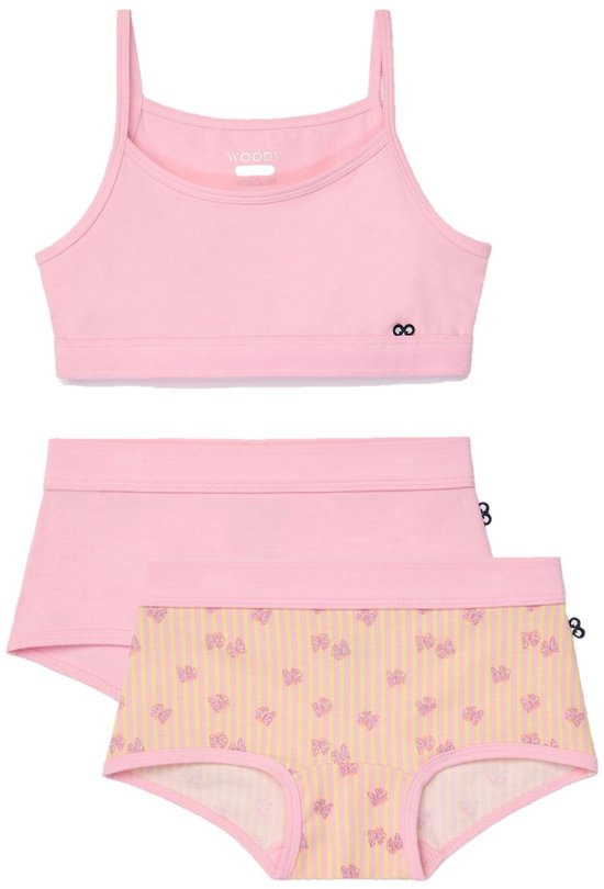 Ensemble de sous-vêtements Woody pour filles - rose - à rayures - 1 haut et 2 boxers - taille 140