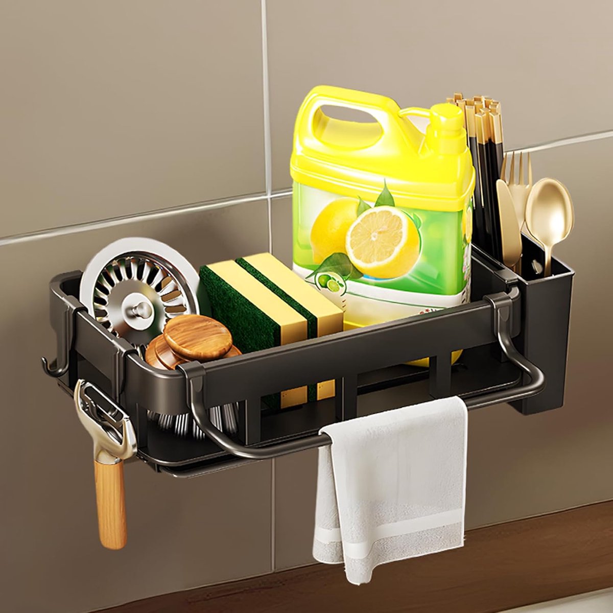 Famanu – Zelfklevende gootsteen organizer – Hangende keukenorganizer zonder boren – Voor afwasmiddel en borstels