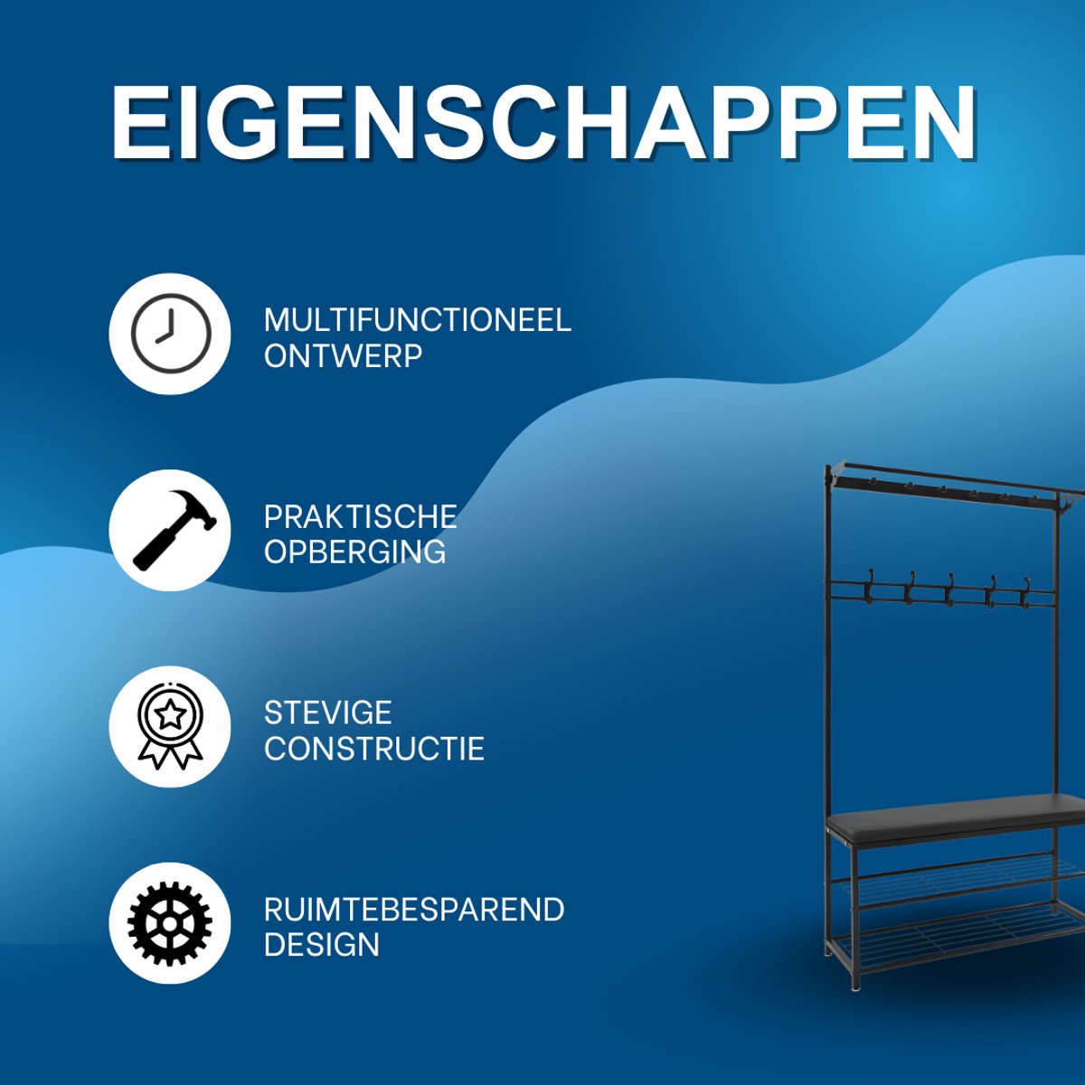 Kapstok met bank - Kledingrek - Schoenenrek - Voor kledingopslag en schoenen - Multifunctioneel - Met haken en bankje - Zwart – foto 2