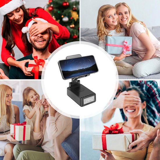 longziming -Multifunctionele Draadloze Bluetooth - Alles-in-1 Bluetooth Speaker met Draadloze Oplader en Wekker - Telefoonhouder & Nachtkast-Organizer - Compact Bureau- en Bedside Accessoire - Zwart van Longziming — afbeelding 3