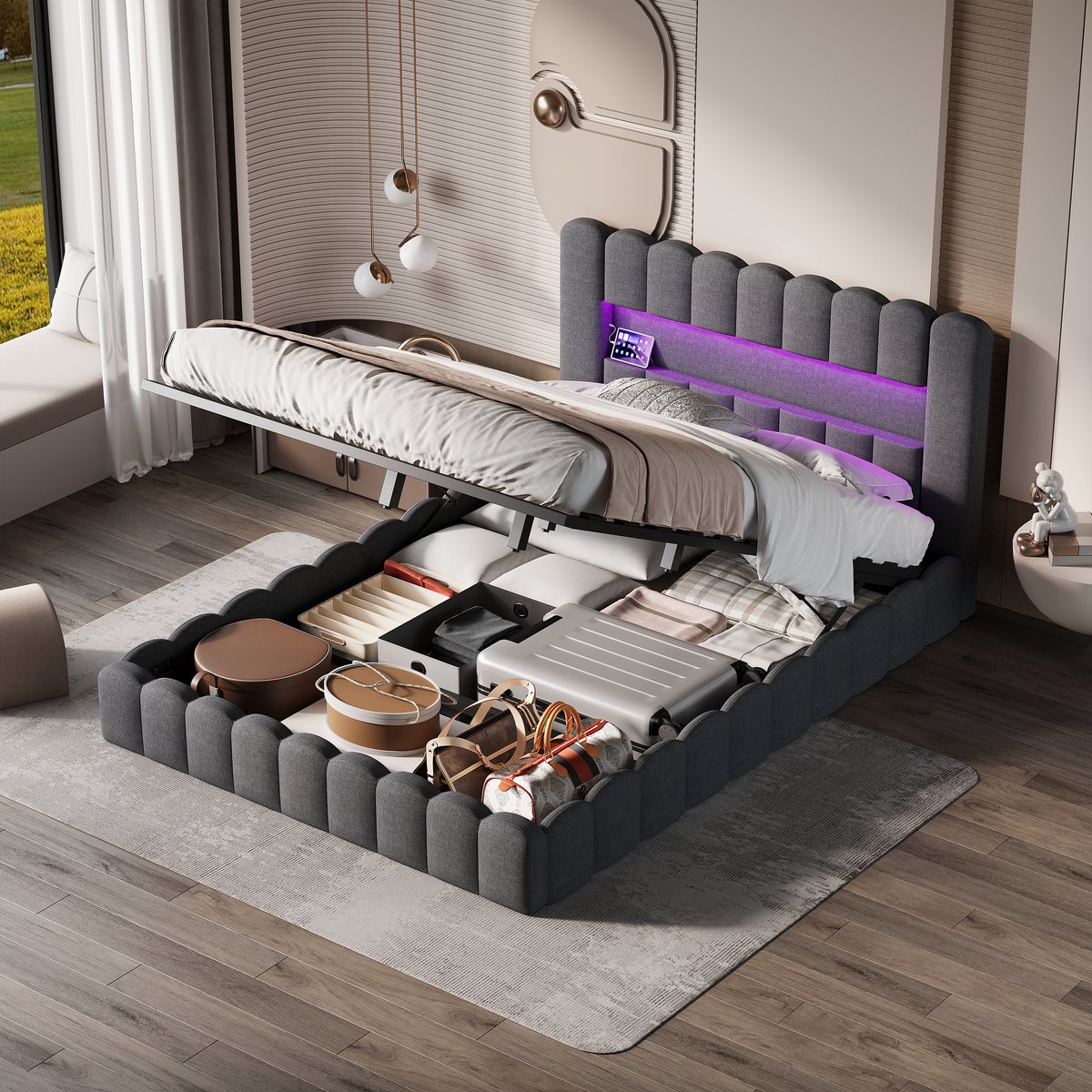 ROSAHQNDA Tweepersoonsbed, 180x200 cm, gestoffeerd, met ingebouwd matras, zacht hoofdeinde, met LED- en USB-aansluiting, exclusief matrashoes, grijs