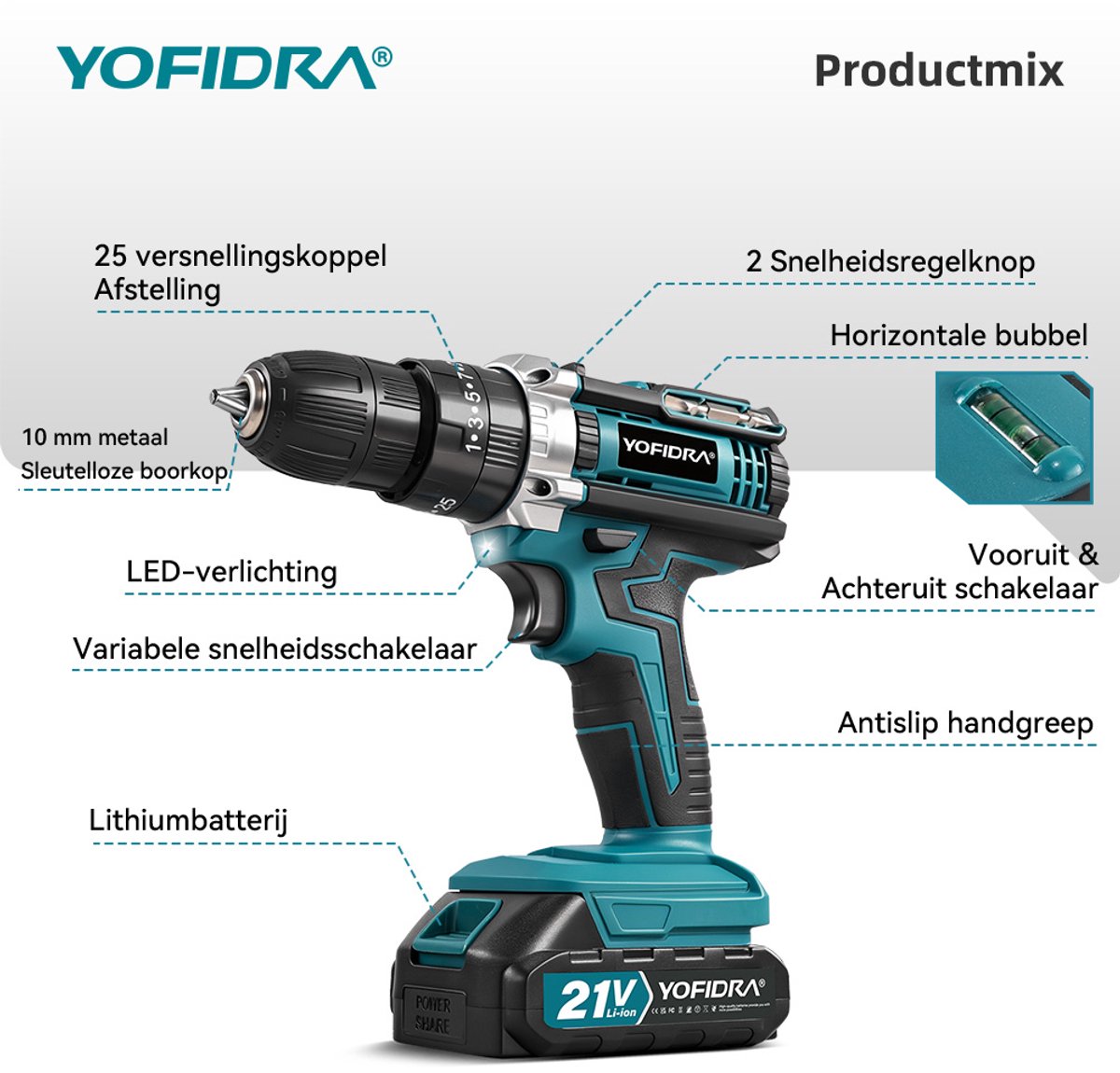 Yofidra Accuboormachine - 60Nm Accuschroevendraaier - 21V Accu Schroefboormachine - 25+3 Standen - 2 Snelheden - Gereedschapskit - voor Thuis & Klussen – foto 3