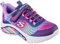 Navy sneaker met paarse, roze en turquoise glinsterende lijnen, regenboogaccenten op de zool en 'S-Lights' logo.